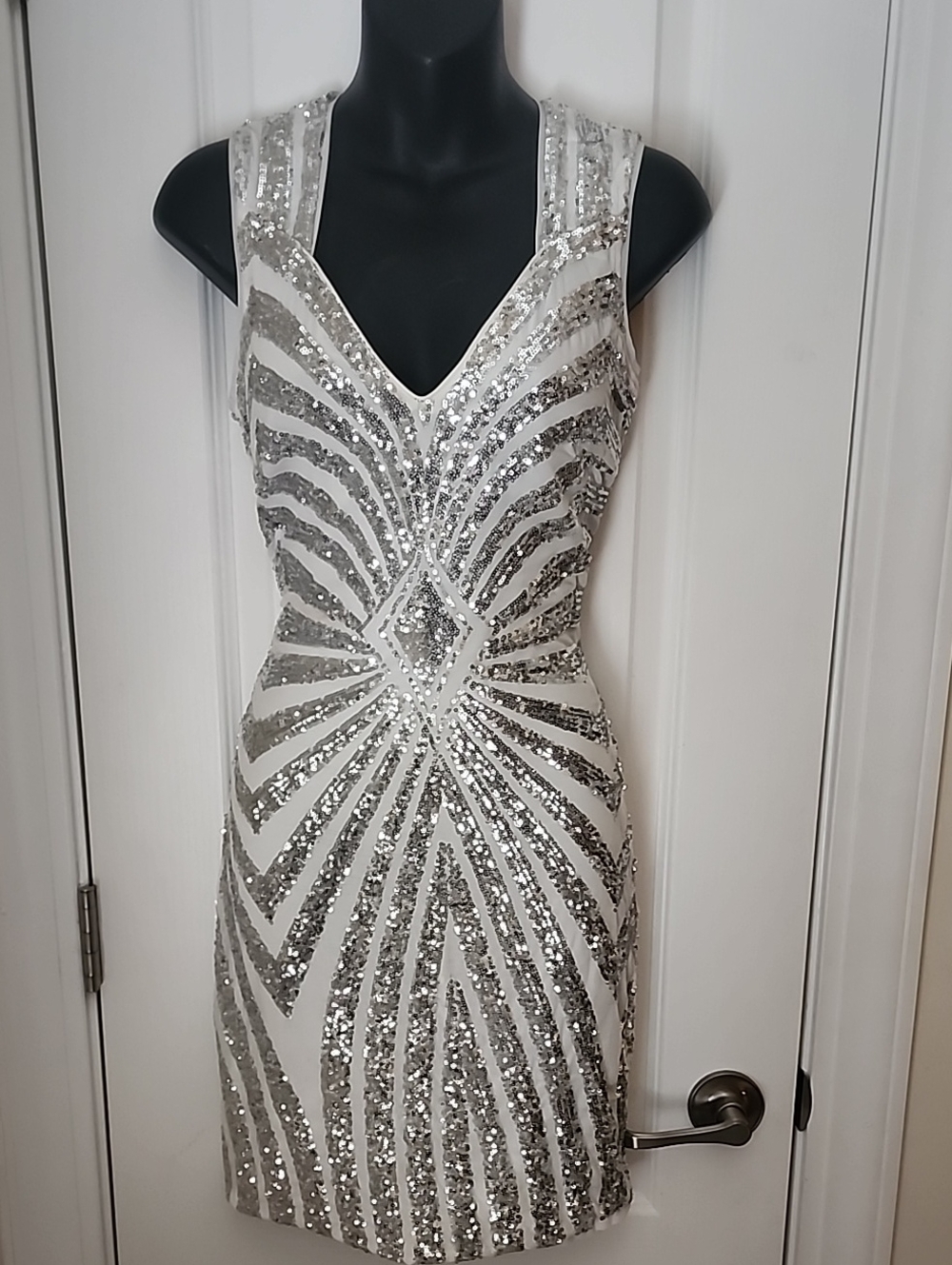 Sleeveless Silver Sequin V-Neck Cocktail Dress